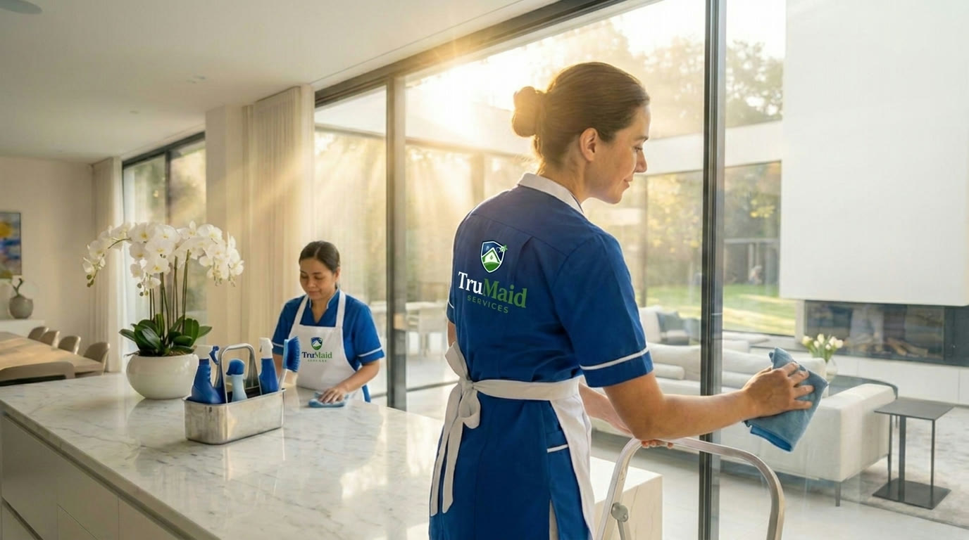 TruMaid cleaner polishing a sunlit window