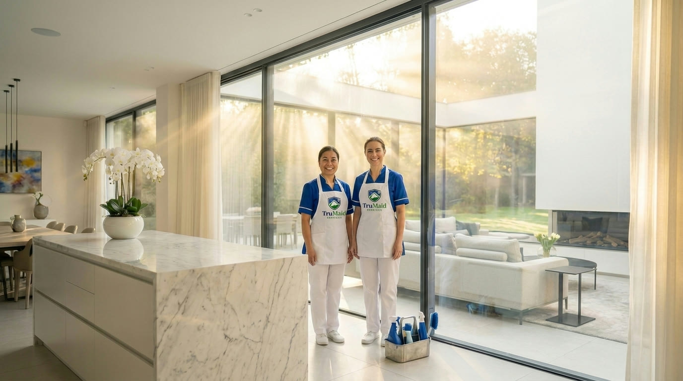 The TruMaid team in a spotless, sunlit living room
